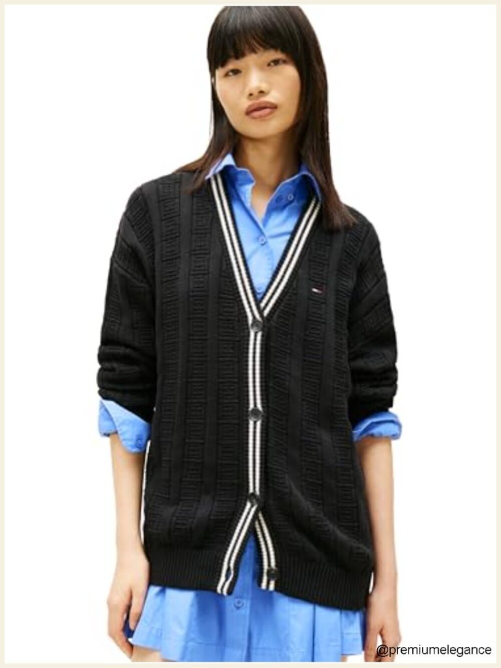 Button Front Medium Weight Cotton Cable Cardigan with Knit Flag Print